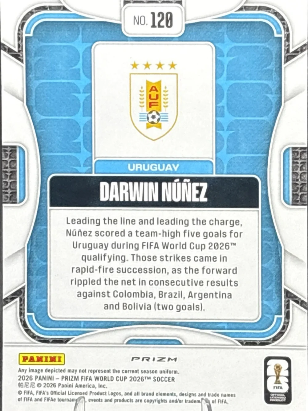 Panini Prizm Darwin Núñez Holographic Blue Shimmer Prizm Soccer Card